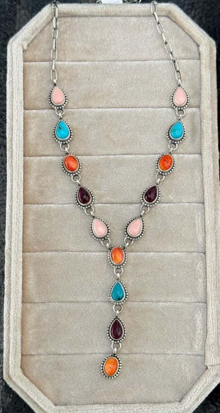 Sterling Silver Multi-stone Lariat Necklace - Turquoise Spiny Oyster & PinkConch